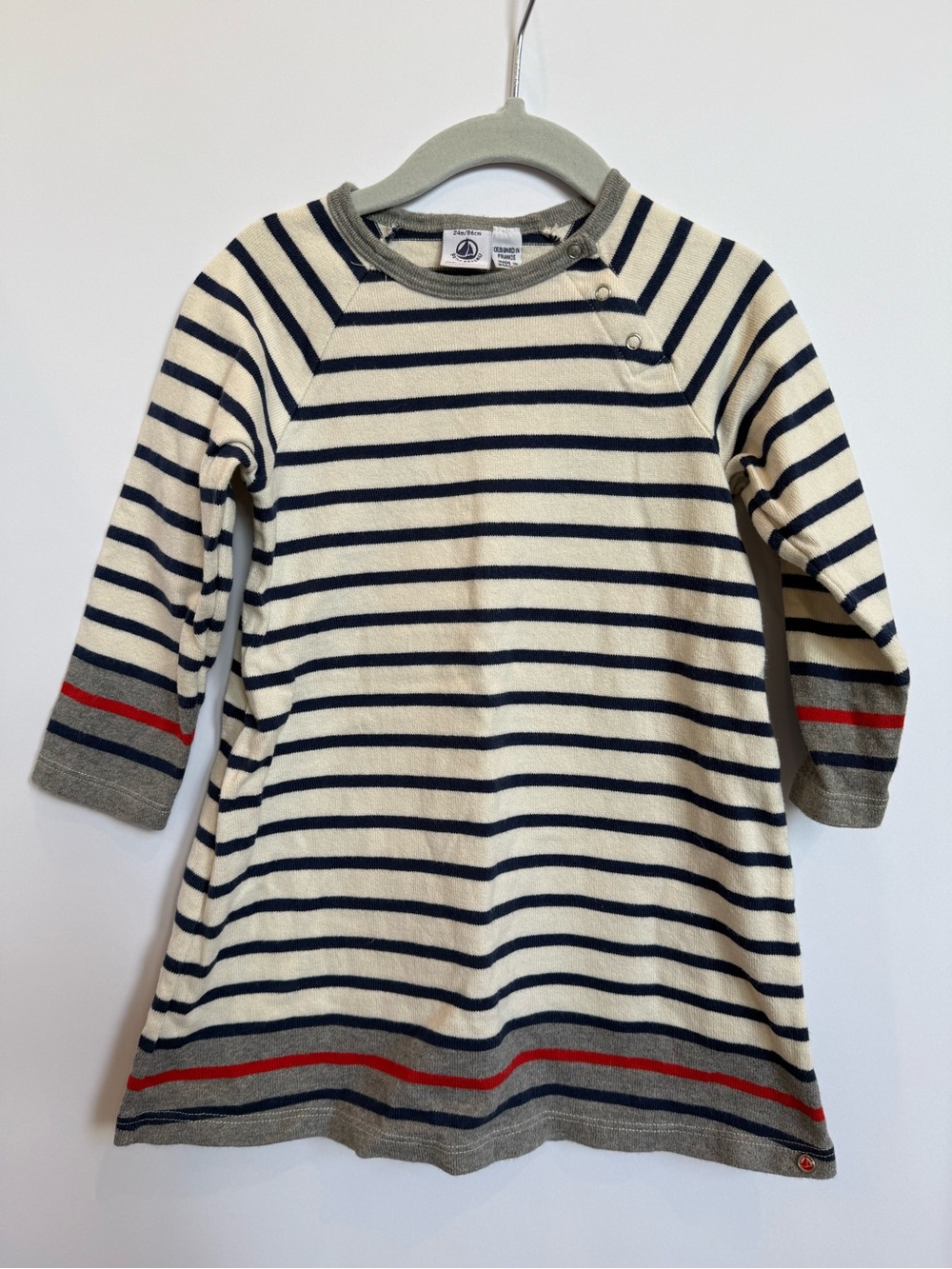 Petit Bateau Navy & Cream Striped Long Sleeve Dress with Red Trim